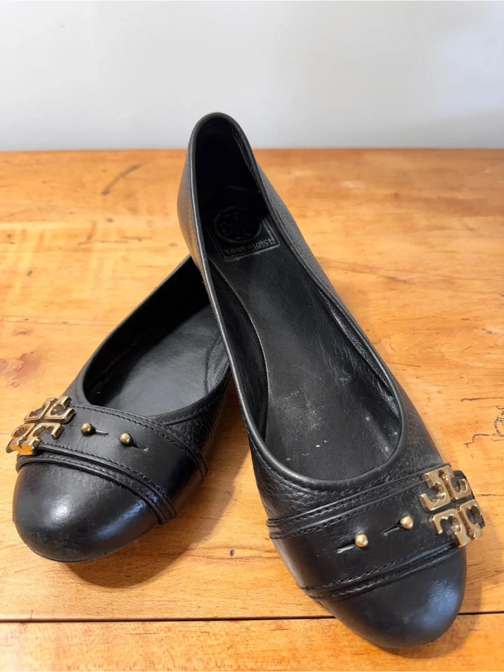 Tory Burch Black Leather Ballet Flats with Gold Logo Accents